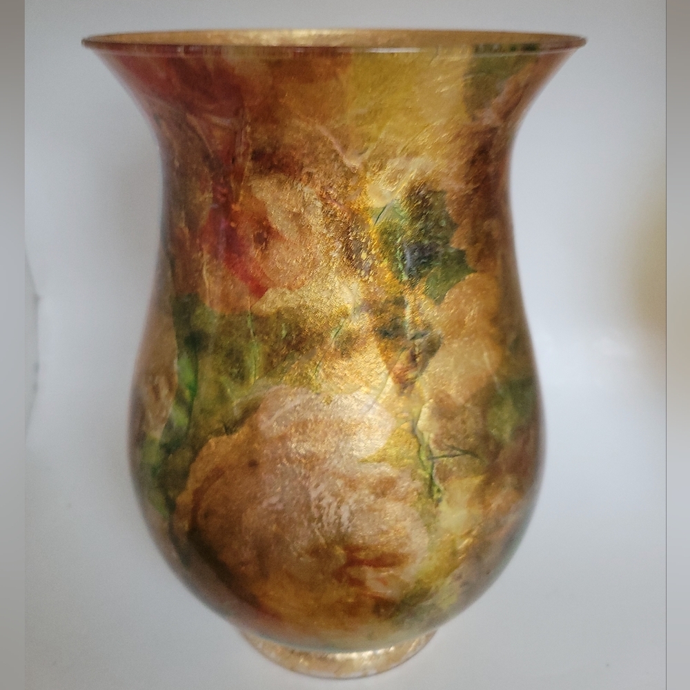 Vintage Floral Gold Glass Vase Decoupaged Inside. Early ‘90s